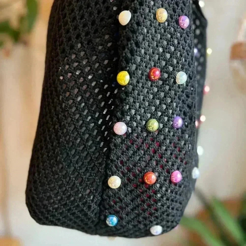 Boho Crochet Black Tote Bag with Colorful Beads - 15x12 Handmade Market Bag - Picture 5 of 9